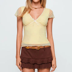 Yellow V-Neck Mesh Top