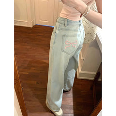 Blue Jeans for Women High Quality High Waist American Wide Leg Pants Bow Embroidery Y2K Vintage Straight Summer Trousers 2024 - Free From Label