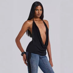 Black Deep V-neck Open Back Top