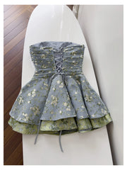 Blue Floral Folds Strapless Mini Dress