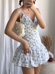Printing Pleated V Neck Elastic Mini Dress