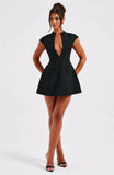 Black Sleeveless Zipper Deep V Neck Two Pocket A-line Mini Dress