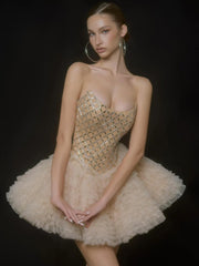 Strapless Rhinestones Mesh Tulle Puff Mini Dress