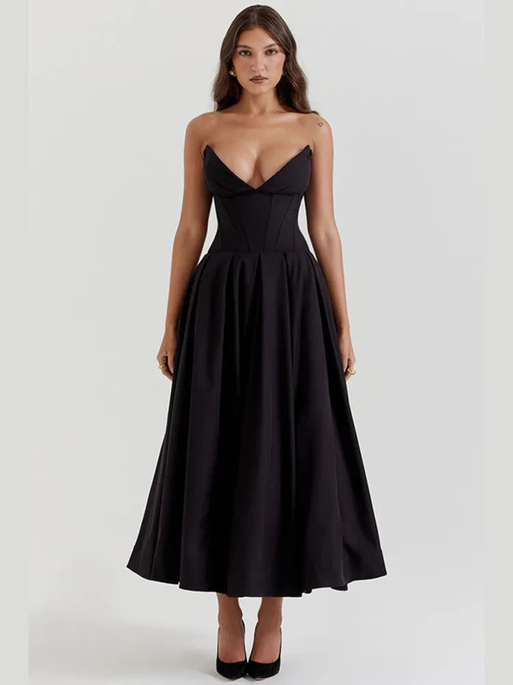 Black Deep Neck Strapless Frill Midi Dress - Free From Label