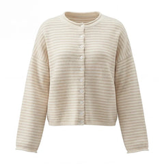Striped  Crew Neck Open Front Button Down Cardigan
