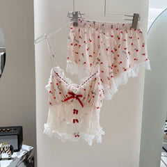 Lace Patchwork Red Ribbon Four Piece Sleepwear Set