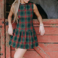 Red And Green Plaid Button‑Up Sleeveless Pleated Hem Mini Dress