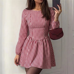 Red Gingham Long Puff Sleeve Backless Bow Tie Mini Dress