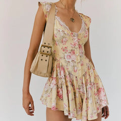 Yellow Floral Print Strap Mini Dress