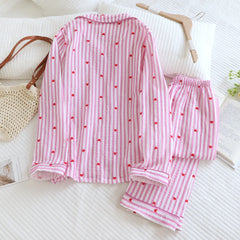 Cotton Heart Print Striped Long Sleeve Shirt And Trouser Nightwear Set