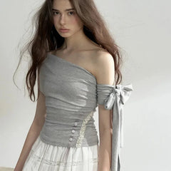 One Shoulder Tie Up Lace Up Top