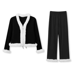 Velvet Santa Fur Trim Tie Up Top And Long Pants Set