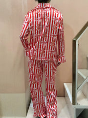 Satin Gingerbread Print Long Sleeve Shirt And Wide Leg Pants Pajamas Set