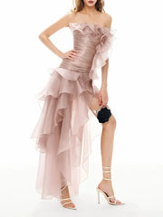 Strapless Mesh Ruffles Fringe Midi Dress