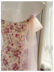 Pink Floral Off-the-Shoulder Mesh Drape Midi Dress