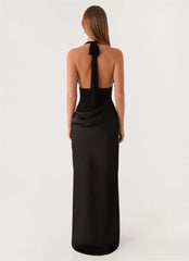 Halter Backless Tie Draped Waist Satin Maxi Dress
