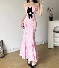 Pink Strapless Rose Lace Bow Maxi Dress - Free From Label