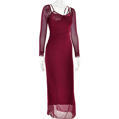 Burgundy Sheer Long Sleeve Bodycon Maxi Dress Free From Label