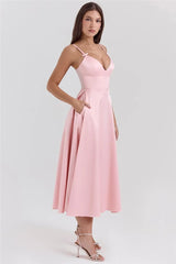 Pink Satin V-neck Strap Midi Dress