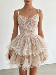 Lace Embroidered Ruffle Tiered Cami Mini Dress