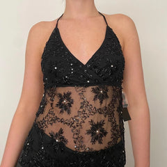 Sequin Mesh Embroidered Open Back Top