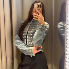 Denim Embroidered Button Jacket And Micro Shorts Set