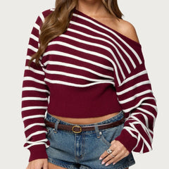 Red Off Shoulder Long Sleeve Stripes Pullovers Top