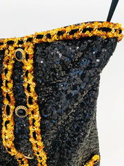 Black Sequin Gold Chain Strapless Mini Dress