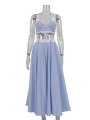 Blue Stripe Lace Trim Crop Top And Long Skirt Set Free From Label