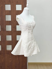 White Floral Printed Back Lace Up A-line Mini Dress