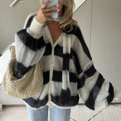 Striped Knit Cardigan With Scarf