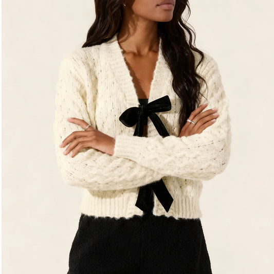 White Knit Tie Bow Front Cardigan