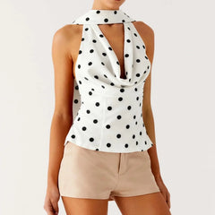 Polka Dot Print Cowl Tank Top with Scarf
