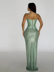 Spaghetti Strap Sequins Folds Long Dress