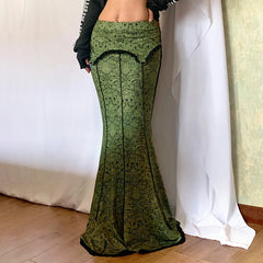 Green Lace Printed Trumpet Long Skirt Free From Label