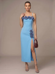 Spaghetti Strap 3d Flower Applique Slit Midi Dress