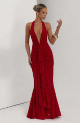 Deep V Backless Drape Ruffles Maxi Dress