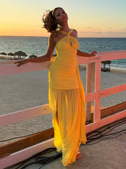 Yellow Ruched Halter Tie-Up Mesh Maxi Dress