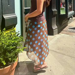 Polka Dot  Sheer Irregular Hem Midi Skirt