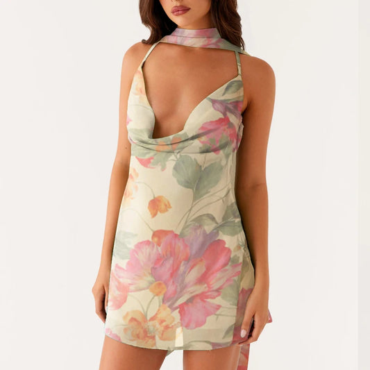Gradient/Flower Print Swing Collar Mini Dress