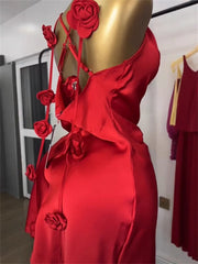 Satin Backless 3d Flower Strap Mini Dress