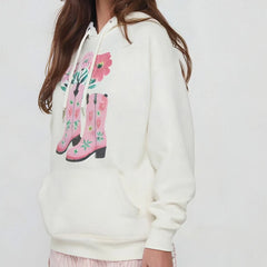 White hoodie with pink floral boots design 