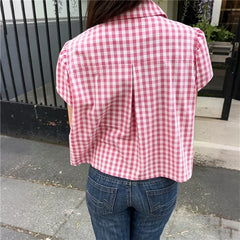 Peter Pan Collar Gingham Puff Short Sleeve Top