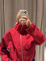 Red Zipper-up Plaid Stand Collar Jacket