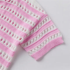 Striped Crochet Knit Short Sleeve Button Down Shirt and Shorts Hollow Out Set