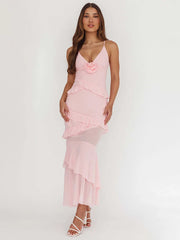 Spaghetti Strap 3D Rose V Neck Ruffle Maxi Dress