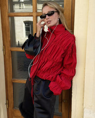 Red Ruched Stand Collar Jacket