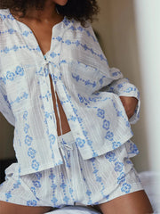 Printed Long Sleeve Tie Top And Shorts Sleepwear Set