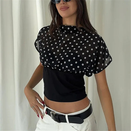 Polka Dot Mesh Overlay Short Sleeve Top