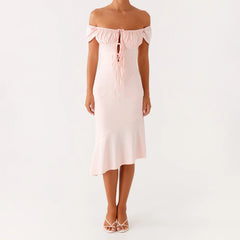 Pink Off-Shoulder Puff Tie Up Midi Dress